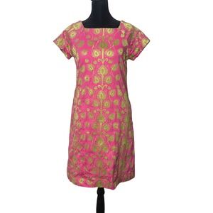 Womens Floral Embroidered Pink Green Shift Dress Size 2 Square‎ Neck Folk Ethnic